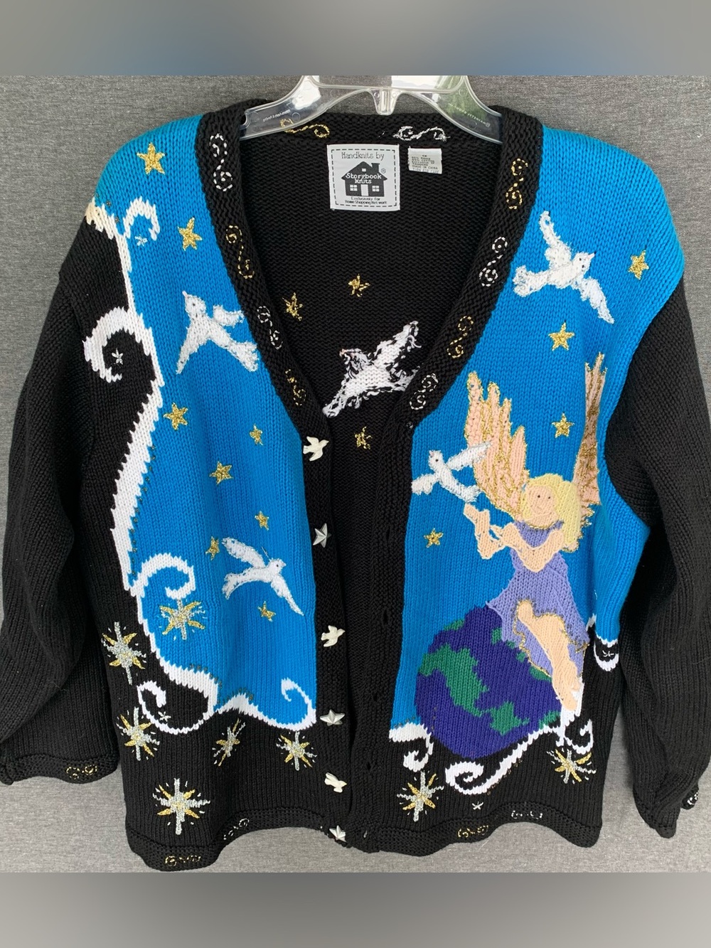 Handknits Storybook Knits Angel Cardigan Sweater Dove Stars Peace on Earth